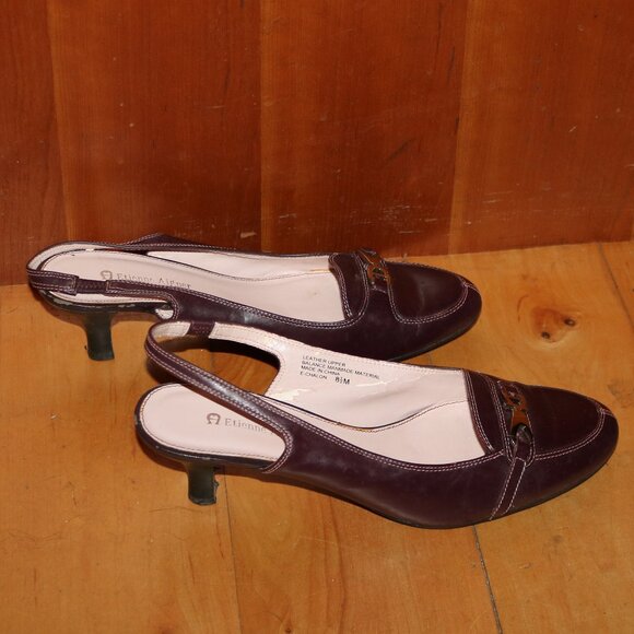 Etienne Aigner E-Chalon Brown Leather w Buckle Elastic Sling Back Kitten Heels - Picture 5 of 9